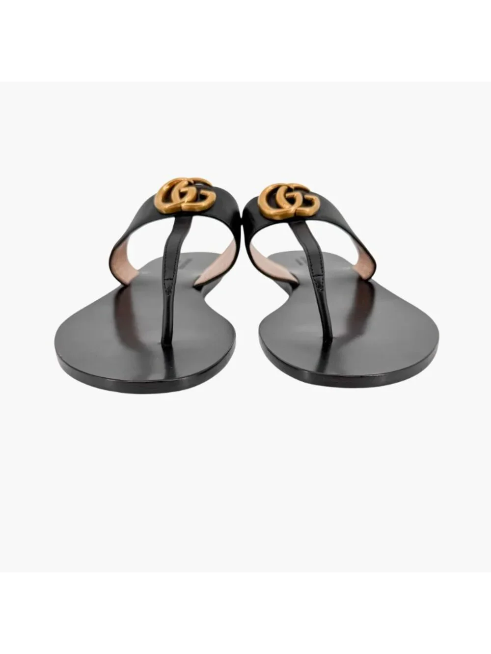 Gucci GG Marmont Thong Sandals Black Leather Size 40 US 10 Women's Flat Slides